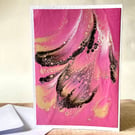 Pink, gold and silver metallic acrylic paint poured blank card