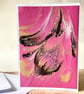 Pink, gold and silver metallic acrylic paint poured blank card