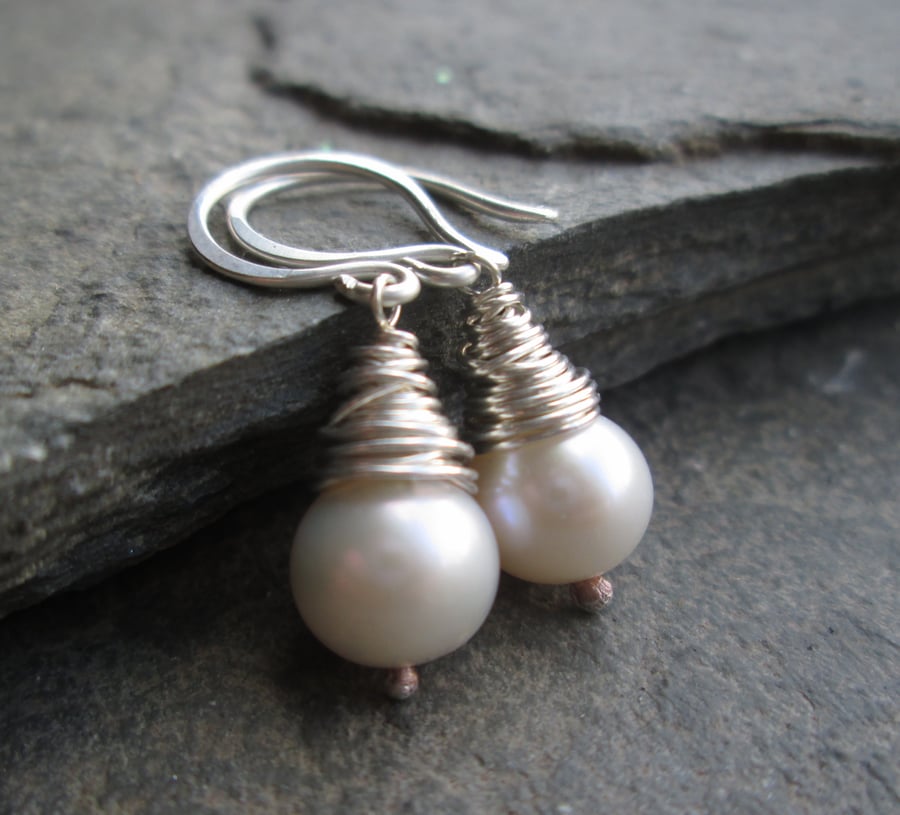 Pearl Earrings - Pearl Drop Earrings, Wire Wrapped Jewellery