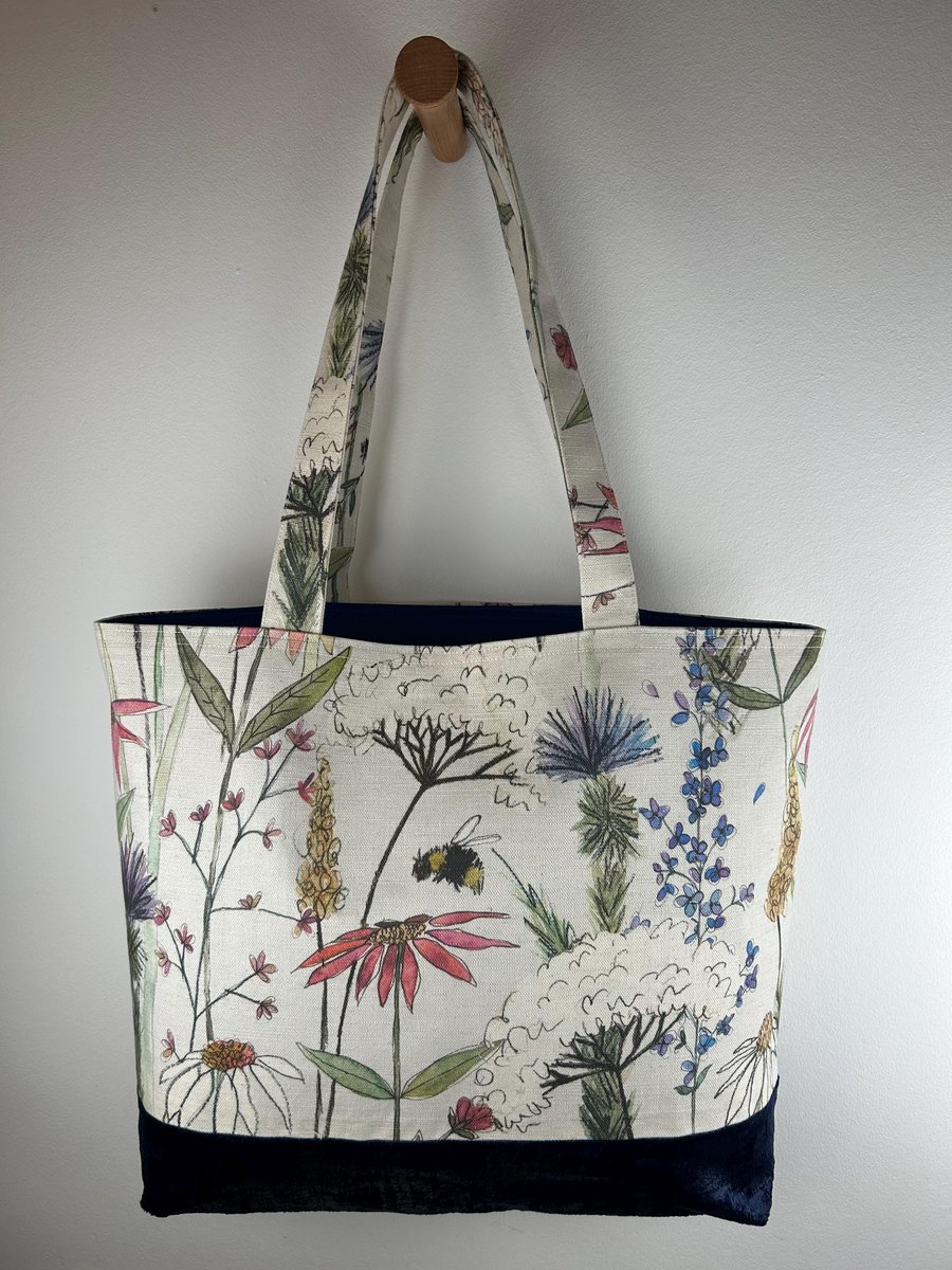 Handmade Floral Canvas Tote Bag, Velvet Bottom, Botanical Print