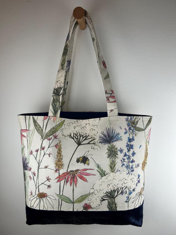 Handmade Floral Canvas Tote Bag, Velvet Bottom, Botanical Print