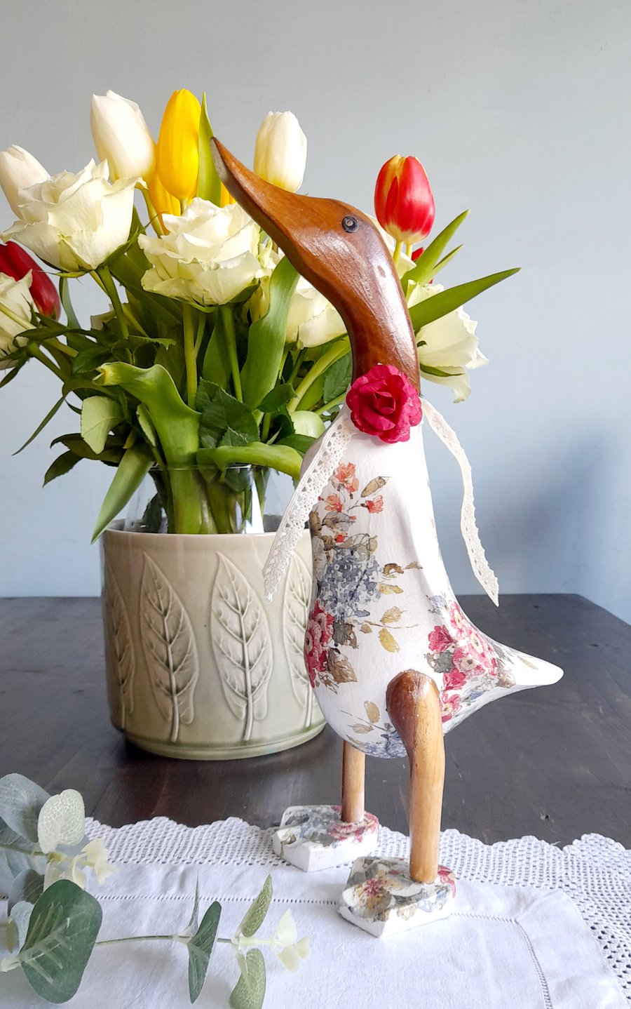Vintage Floral Decoupaged Bamboo Duck