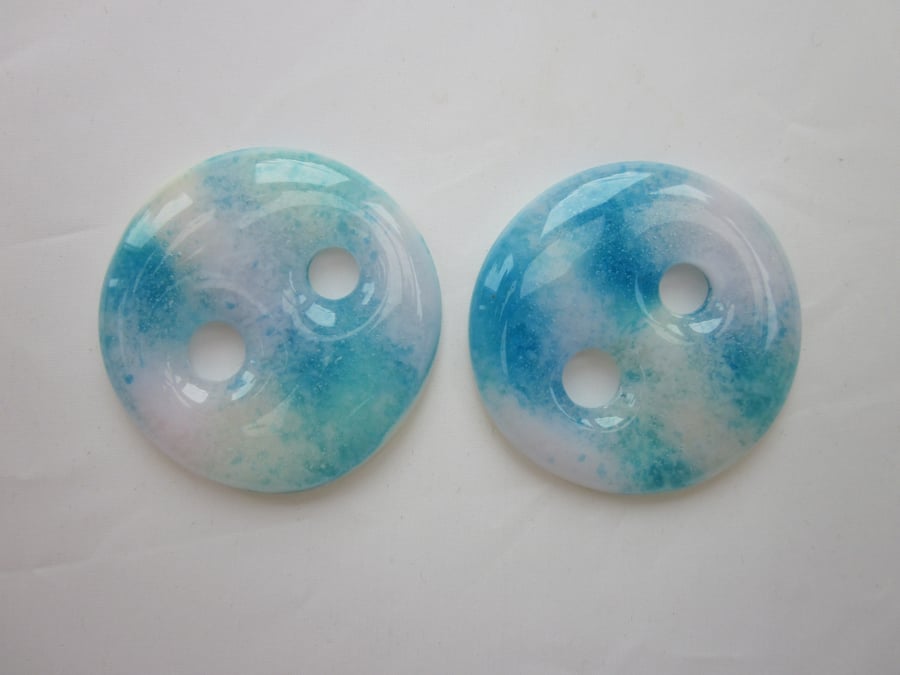 Handmade pair of cast glass buttons - Round summer skies