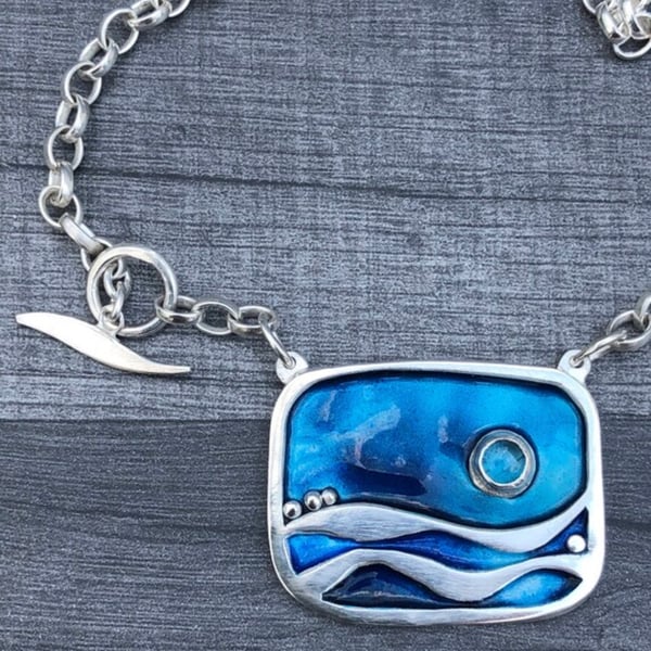 Enamel Necklace, Blue Topaz Necklace, enamel fob necklace, sea necklace, moon 