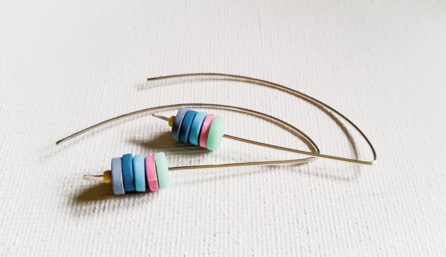 Blue and Pink Long Wire Earrings, Contemporary Jewellery