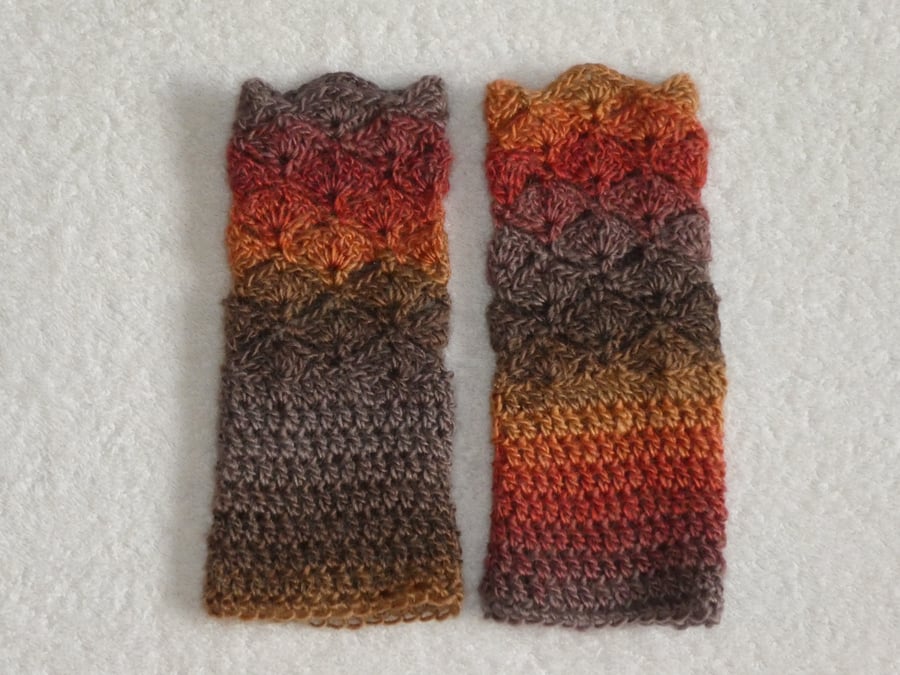Crochet Fingerless Gloves Wrist Warmers in Double Knit Yarn Orange and Beige No1