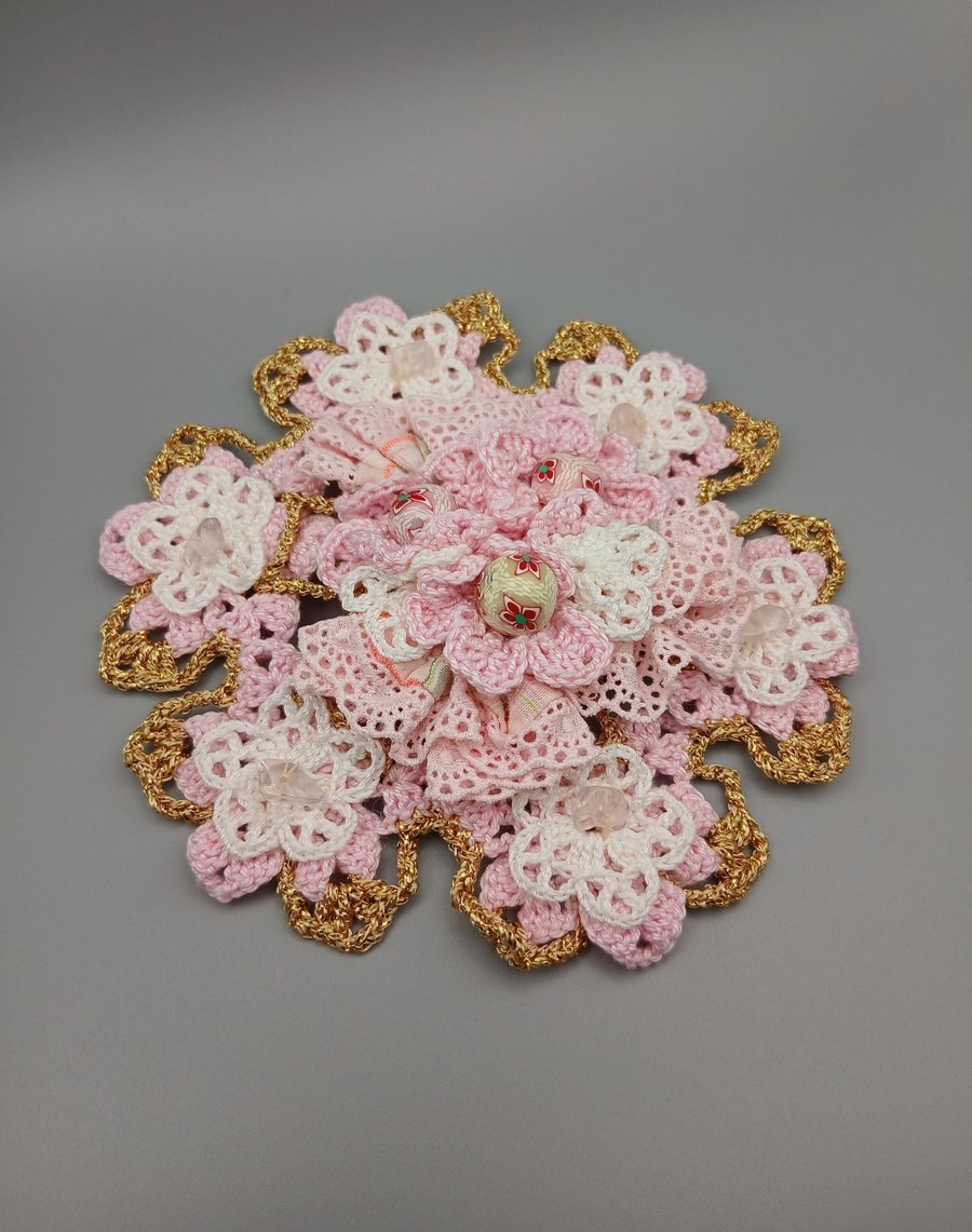 One-of-a-Kind Pink Crochet Statement Brooch