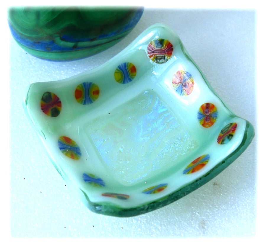 Dichroic Fused Glass Trinket Dish 7cm Pale Green Millefiori