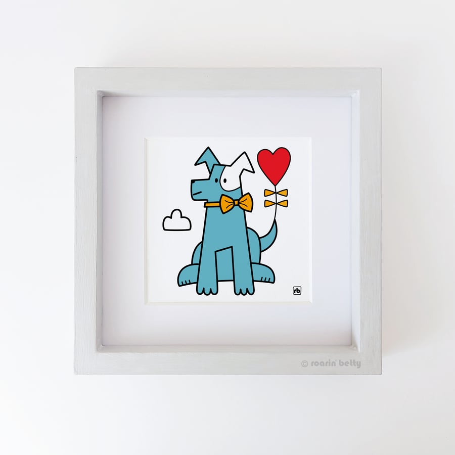 Tail Wags And Love Hearts, dog with heart balloon illustration, Giclee print