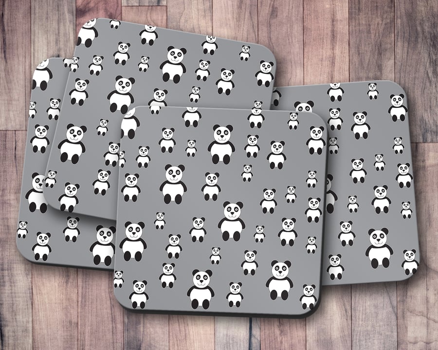Set of 4 Grey Panda Design Coasters