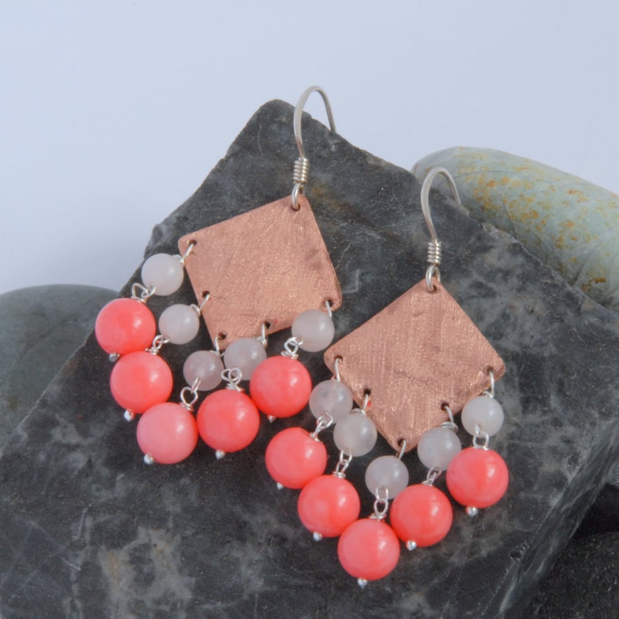 Coral fringed textured copper and sterling silver earrings