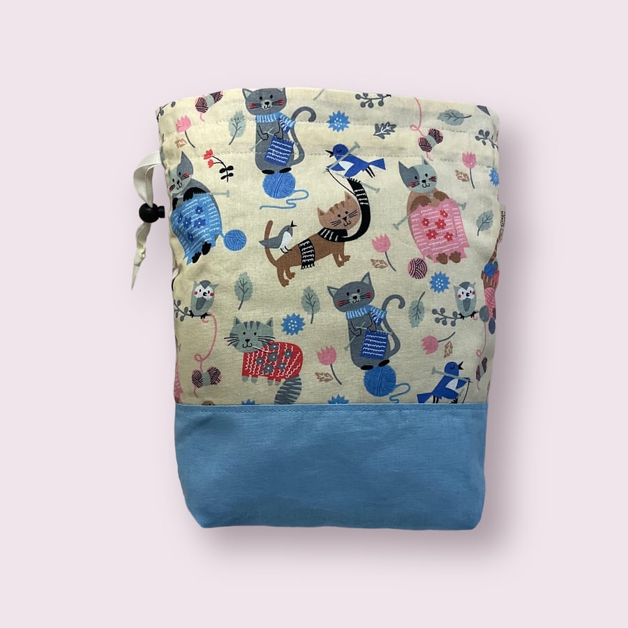 two at a time knitting bag with cats, sock sack, drawstring divided pouch, 