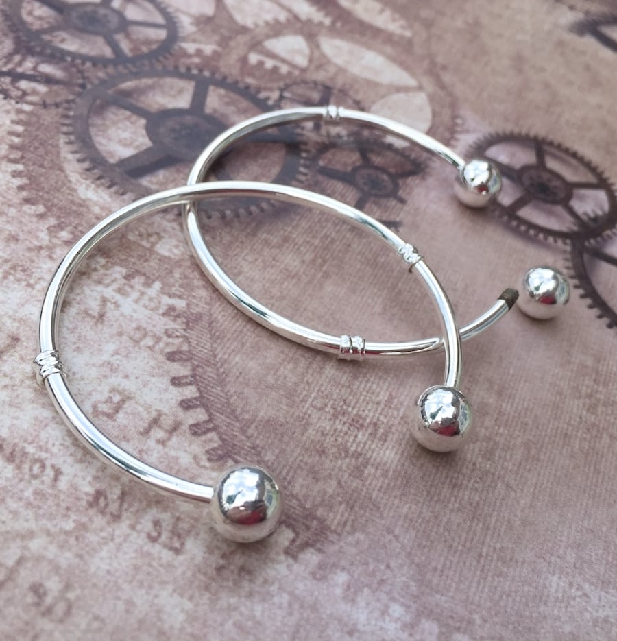 Pack of 2 Ball End Cuff Bangle Open Bracelet Findings in Silver Colour