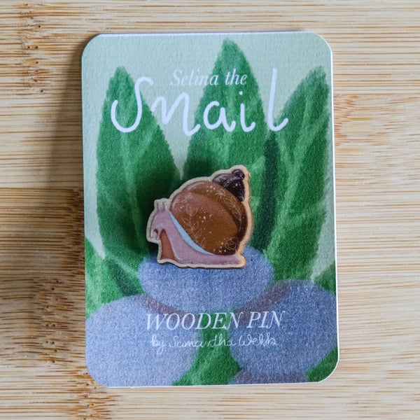 Selina the Snail. Giant snail. Illustrated Wooden Pin badge 