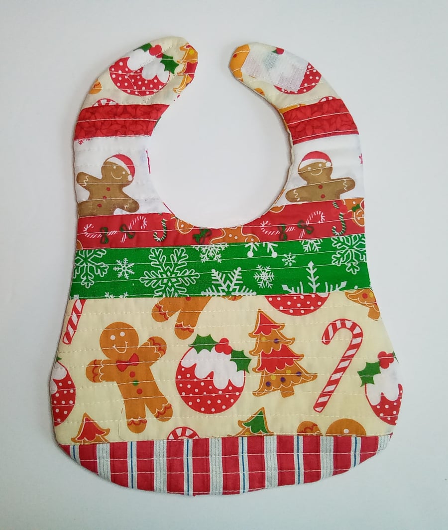 Baby's first Christmas bib, Patchwork, quilted, reversible bib, Xmas bib
