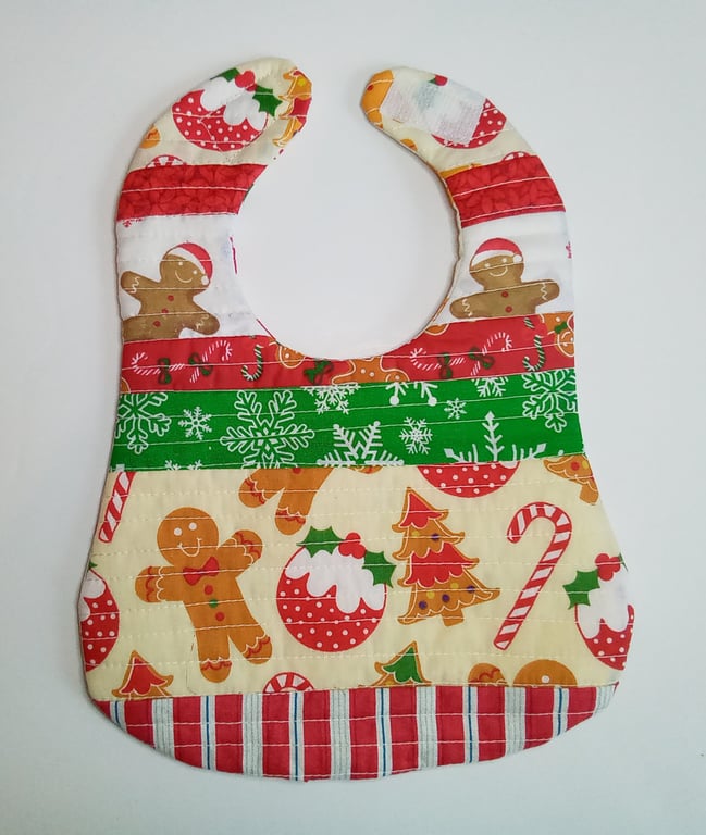 Baby's first Christmas bib, Patchwork, quilted, reversible bib, Xmas bib