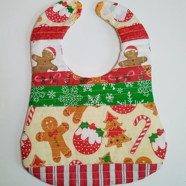 Baby's first Christmas bib, Patchwork, quilted, reversible bib, Xmas bib