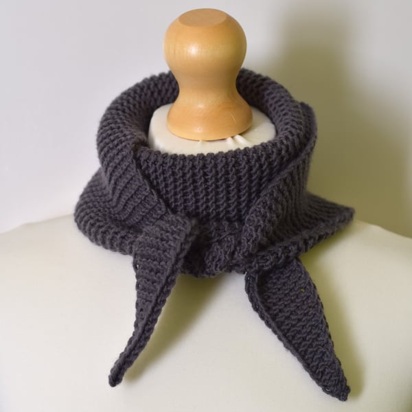 Hand Knitted Dark Grey Merino Wool Scarf - Neck Wrap in Big Merino Yarn
