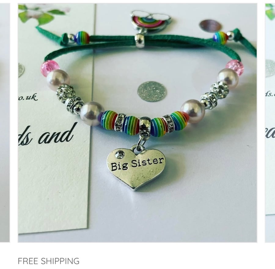 Dark green big sister rainbow beaded rainbow charm suede effect corded bracelet 