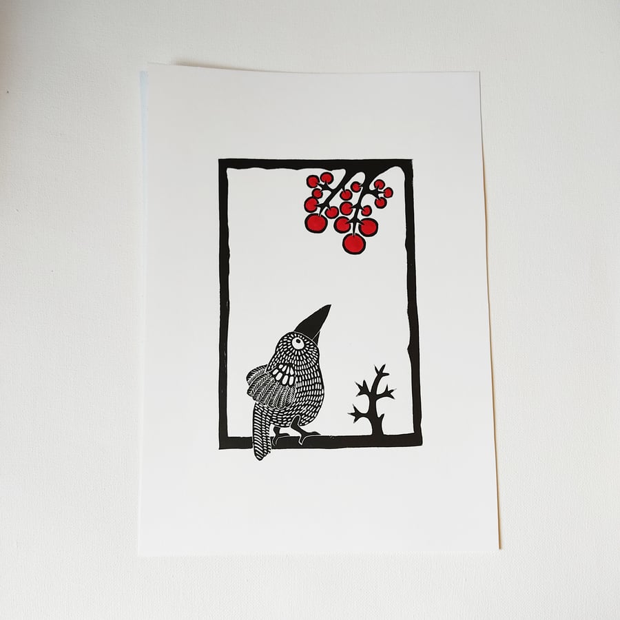 Bird and berries lino cut print 
