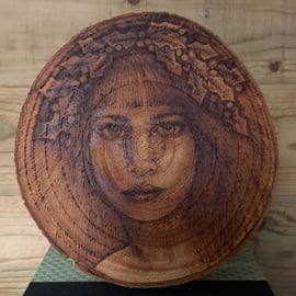 Pyrography Holly Dryad wood slice hanging decoration