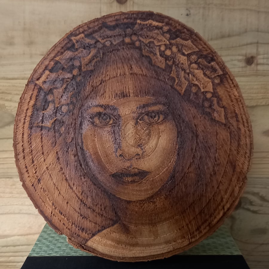 Pyrography Holly Dryad wood slice hanging decoration