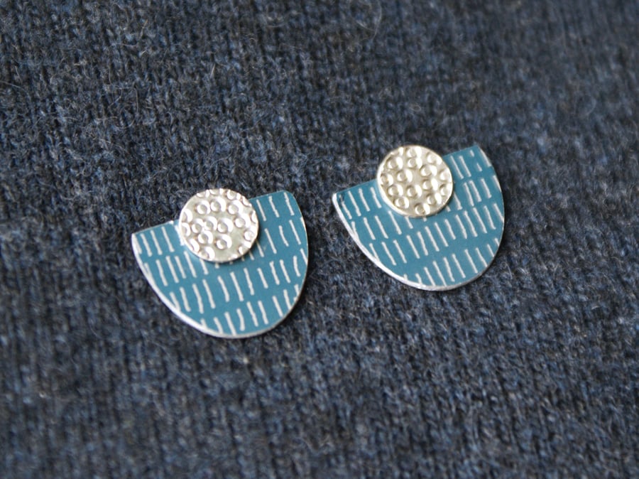 Blue and silver half moon studs