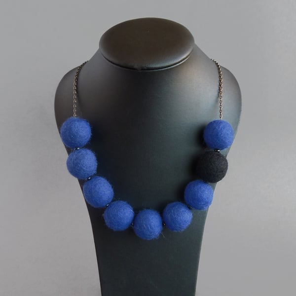 Royal Blue & Black Felt Necklace - Chunky Cobalt Blue Felted Statement Jewellery