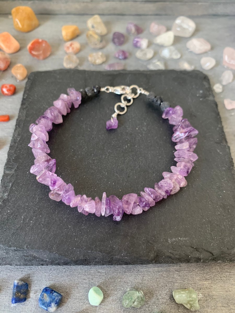 Amethyst diffuser bracelet for essential oils, Amethyst chip bracelet