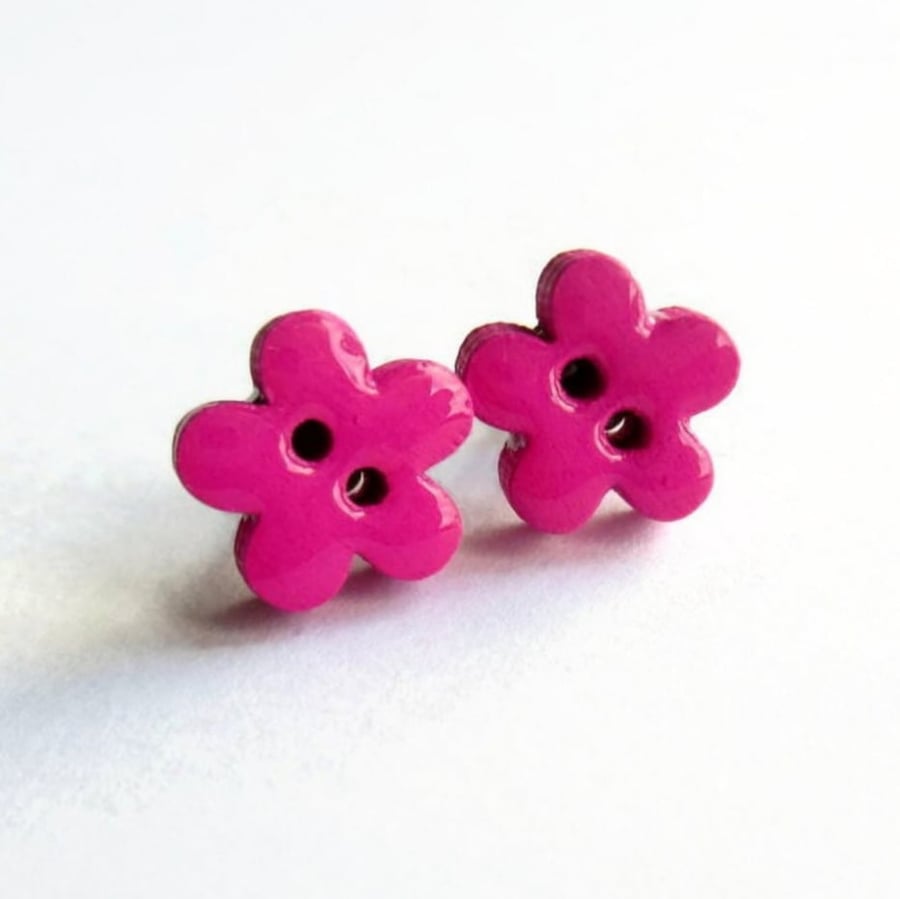 Bright Fuchsia Pink Wooden Flower Button Stud Earrings - Hypoallergenic