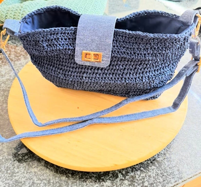 Crochet blue handmade bag made from raffia blue yard