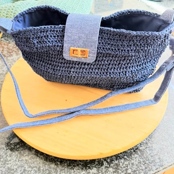 Crochet blue handmade bag made from raffia blue yard