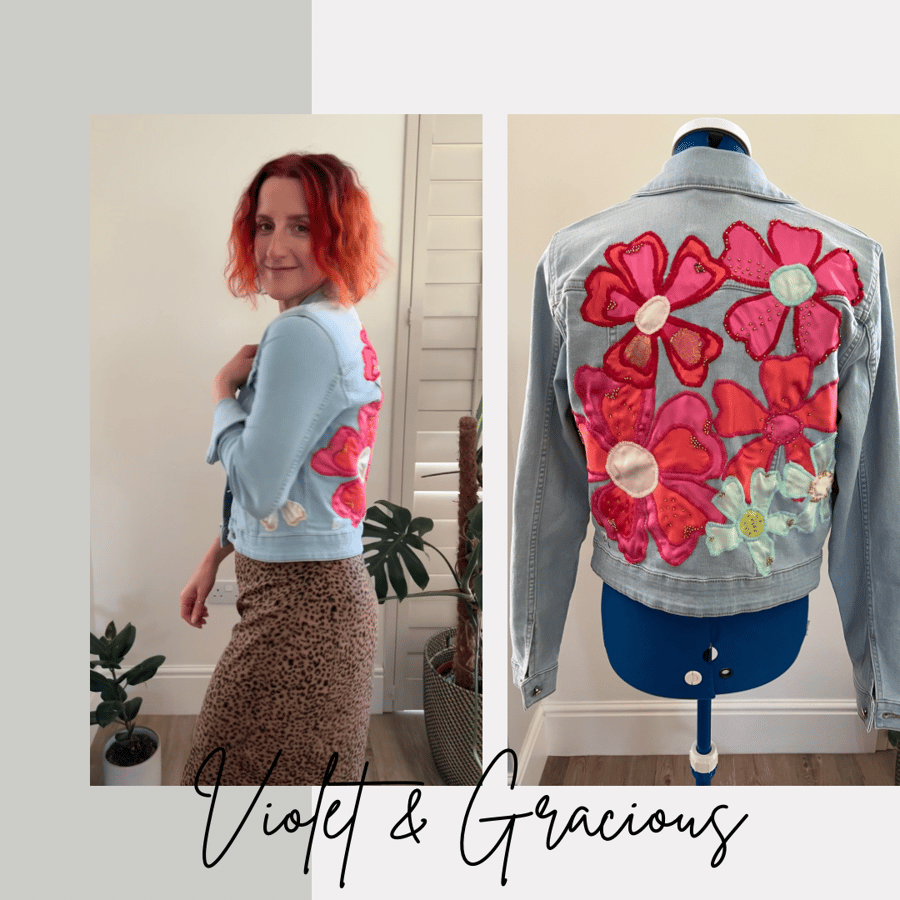 Customised Floral Denim Jacket . Appliquéd Denim Jacket . size 8