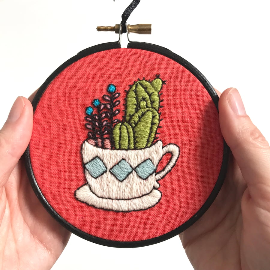 Teacup Cactus Collection Hand Embroidery, Crewel Embroidery, Wall Decoration 