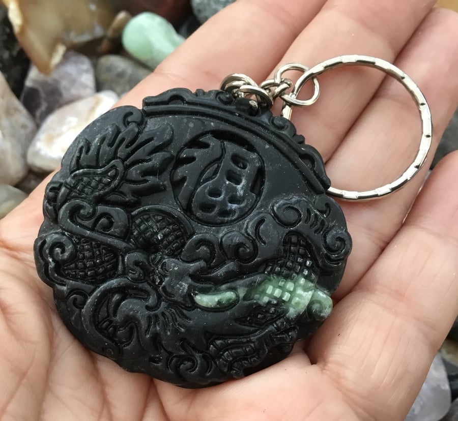 SALE! Deep Green Carved Jade Dragon Amulet Keyring or Handbag Charm.