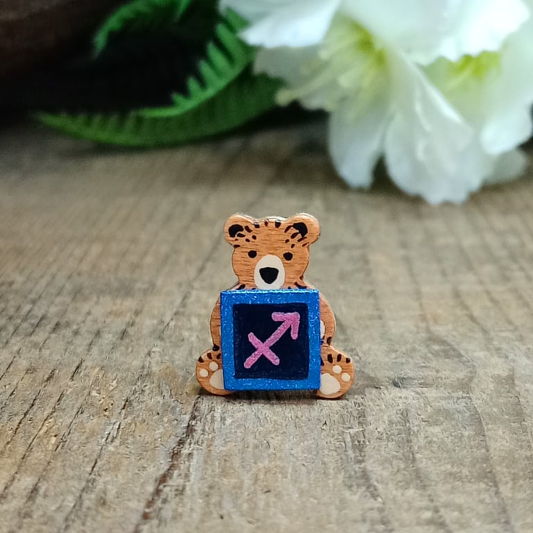 Sagittarius Bear Pin, Handmade Tiny Star Sign Wooden Teddy Badge