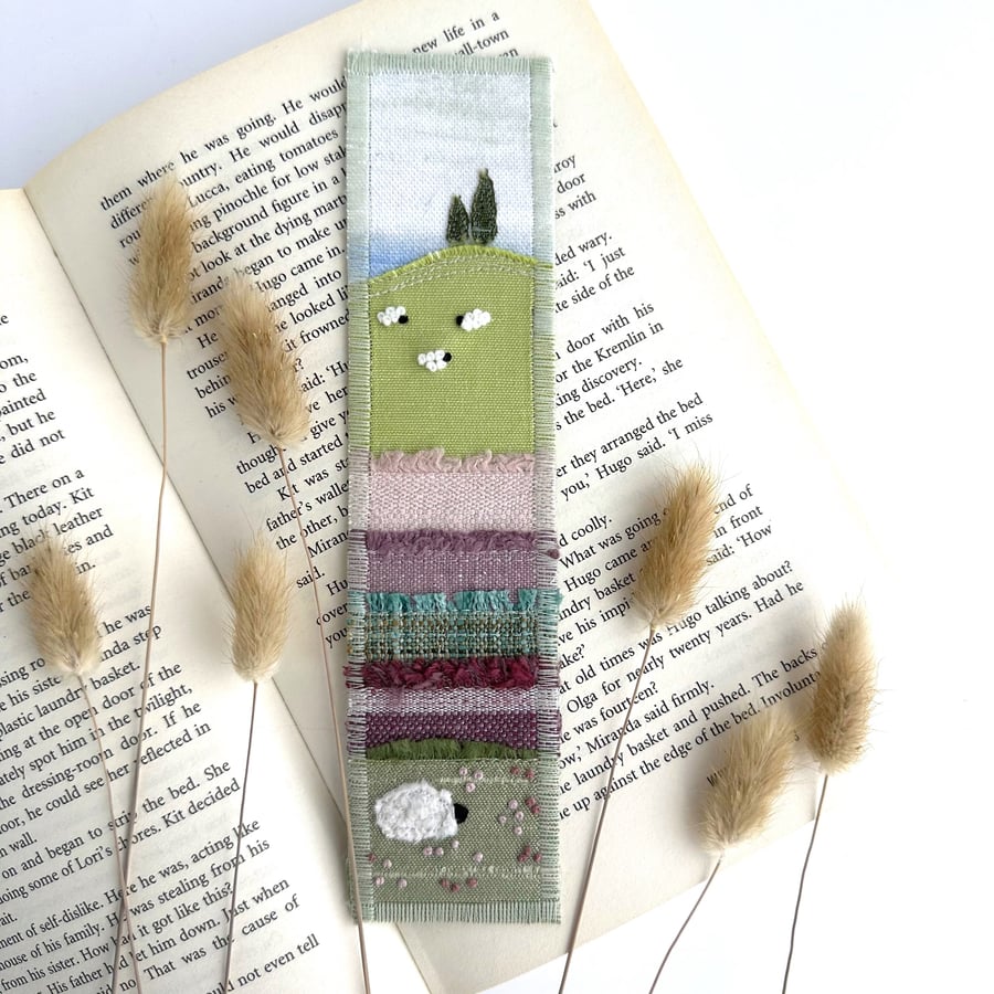 Countryside Bookmark with Fields and Sheep