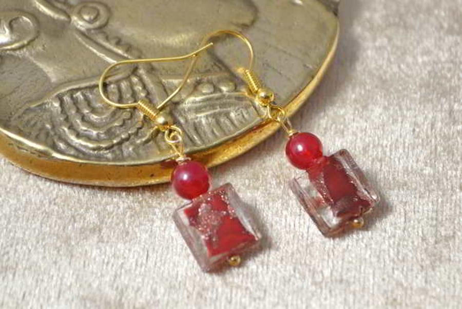 Red Agate & Murano Glass Earrings