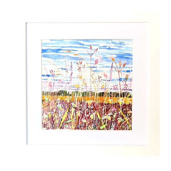 Fen Landscape Watercolour of Summer Wild Flowers Countryside Square Framed Art