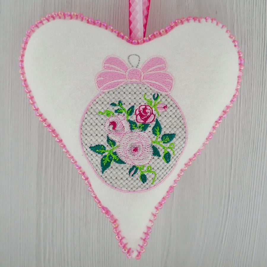 Rose Bauble: Embroidered Felt Heart Decoration 16cm