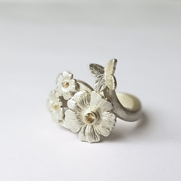 Butterfly & Flowers Ring in Silver, Gold & Citrine - Gift-Boxed - Free Delivery