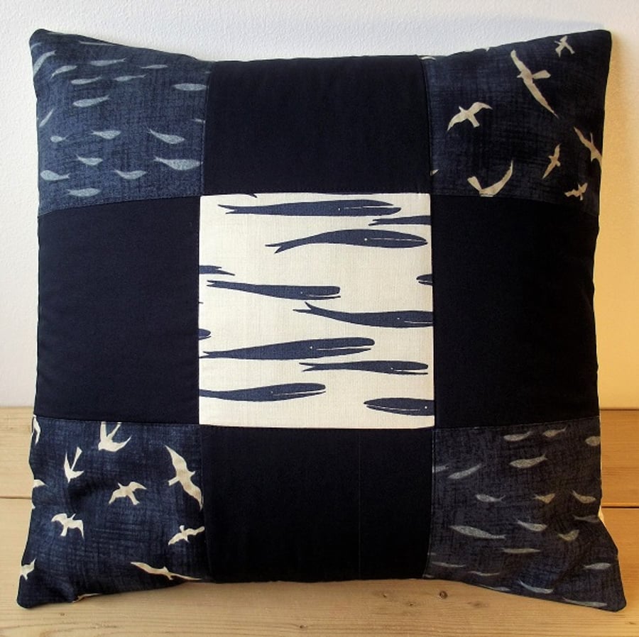 Quilted cushion cover with whales, seagulls and fishes - indigo