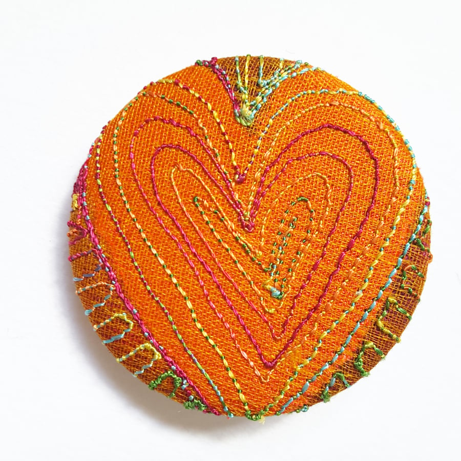 38mm Hand Dyed Fabric Heart Badge with Free Machine Embroidery 