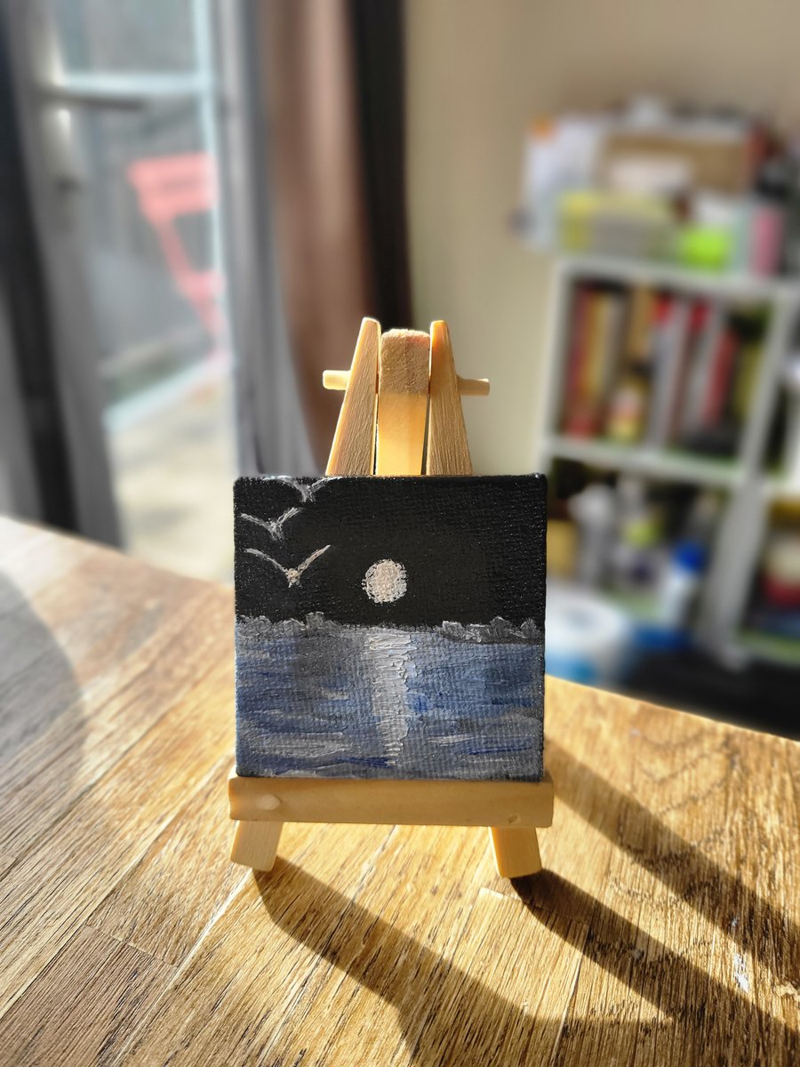 Original mini canvas seascape painting ocean night