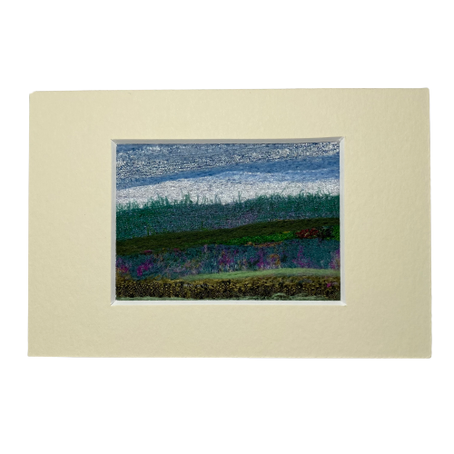 Silk and wool textile art, needle felted, landscape of fields ACEO