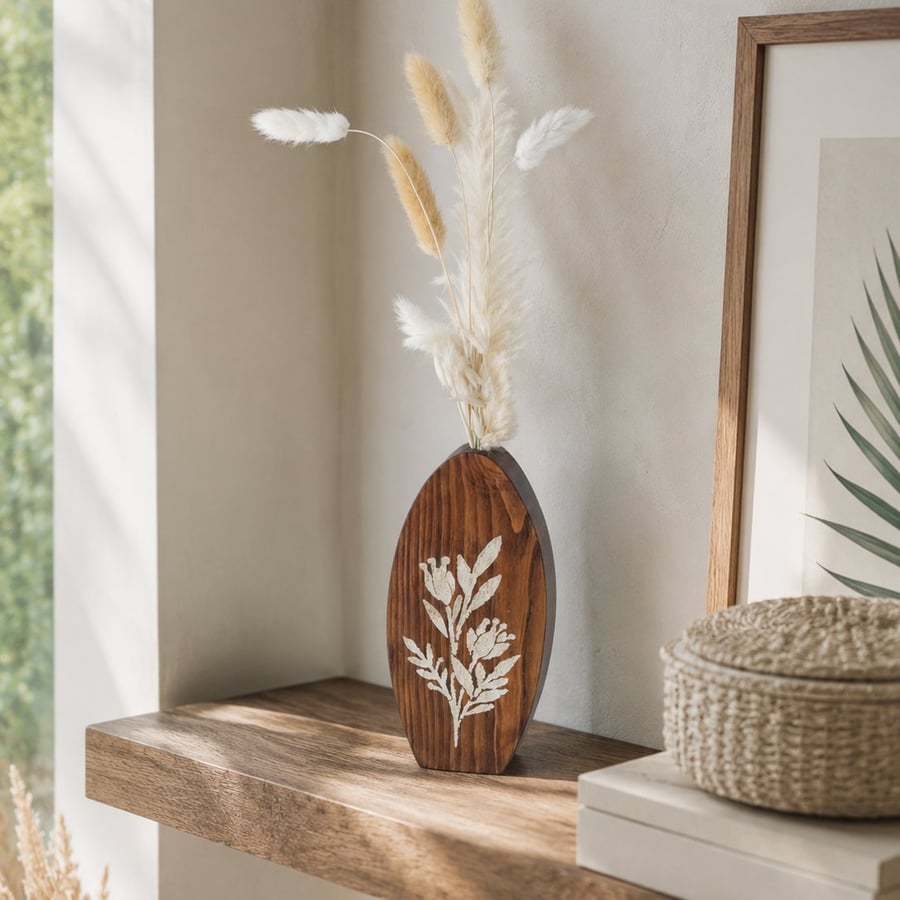 Hand Painted Wooden Vase Upcycled Dark Stained Stenciled Vase with Dried Flowers