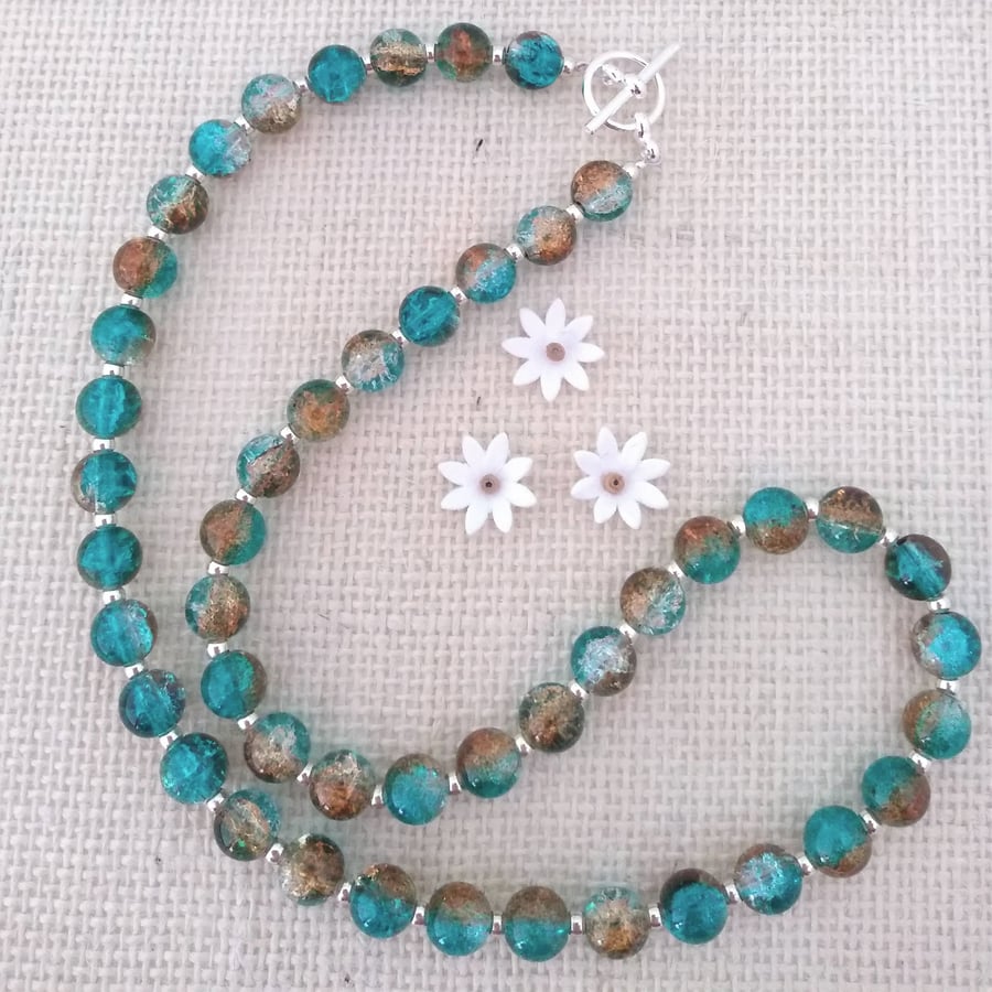 Turquoise Green and Bronze Crackle Glass Beaded Necklace