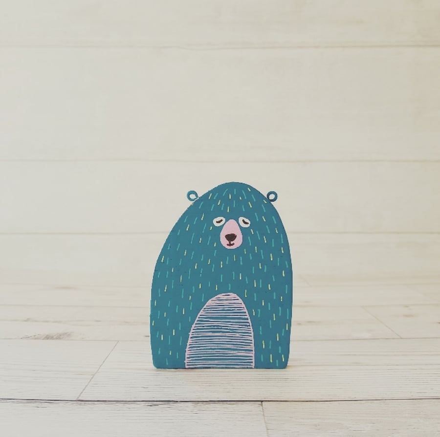 Folky Teal Bear , Handmade Wooden Bear, Reclaimed Wood, Low Waste