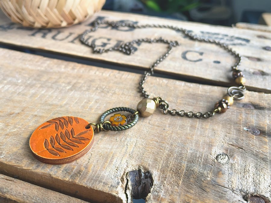 Hand Painted Orange & Bronze Wooden Pendant. Autumnal Brass Chain Necklace