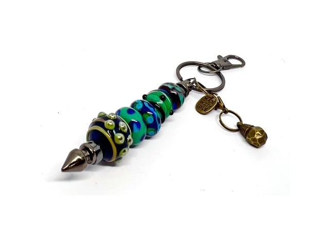 Handmade Lamp-work Glass Bead Bag Charm Keyring with added Charms Unique Gift 